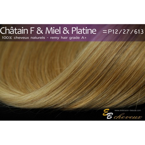 Extension à clips cheveux naturels Châtain & Miel & Platine P12/27/613